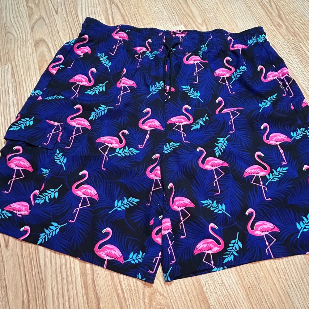 Brisira Mens Flamingo Tropical Print Swim Trunks‎ Navy Pink 44 Board Shorts